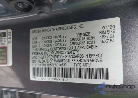 2020 Honda Cr-V 2Wd Ex из США, поврежденный, VIN 5J6RW1H53LA014639